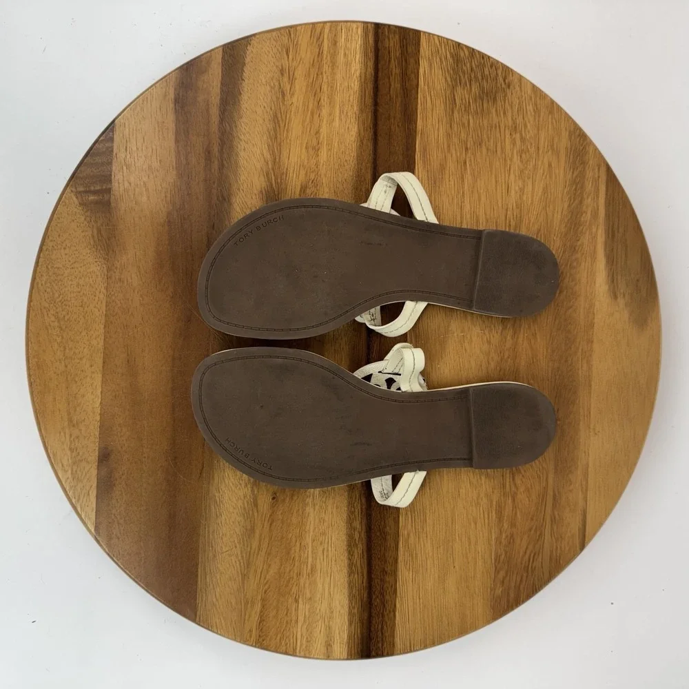 Womens Tory Burch Miller Thong Beige Leather Flip Flops Shoes Sandals Size 8.5 M